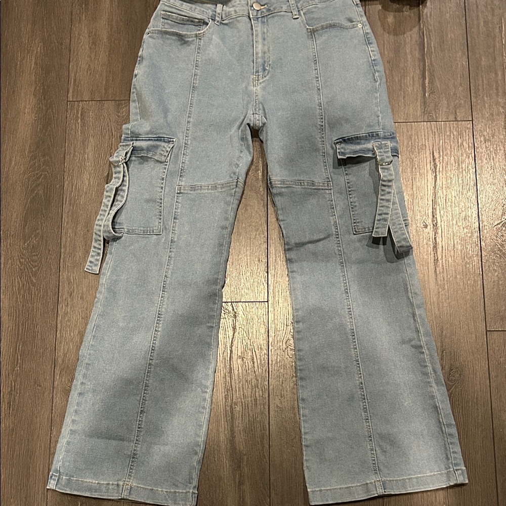 SHEIN Light Blue Wide Leg Stretchy Cargo Jeans